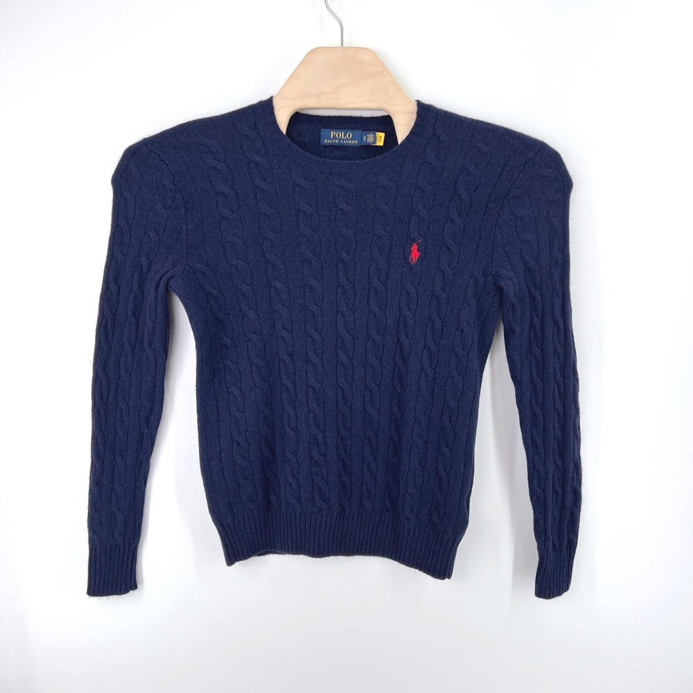 Polo Ralph Lauren Cable Knit Sweater Small Pony Wool Cashmere Navy Blue Luxury